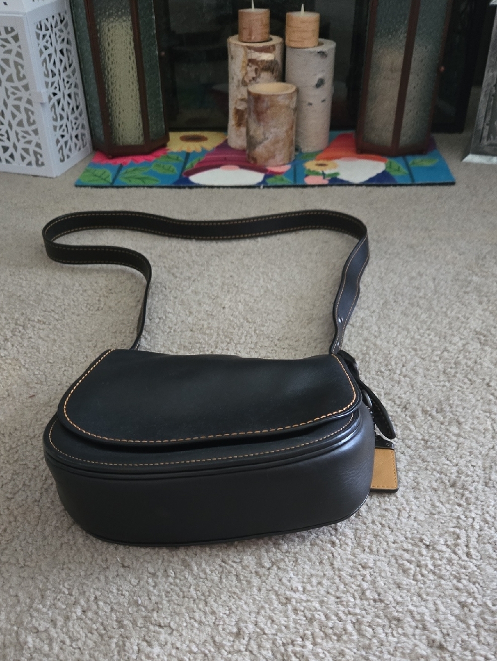Coach Black Leather Crossbody with Tan Stitching
